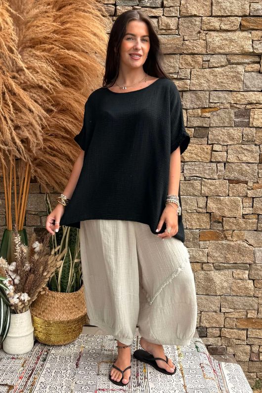 Pure Cotton Santos Keyhole Drape Back Top Black